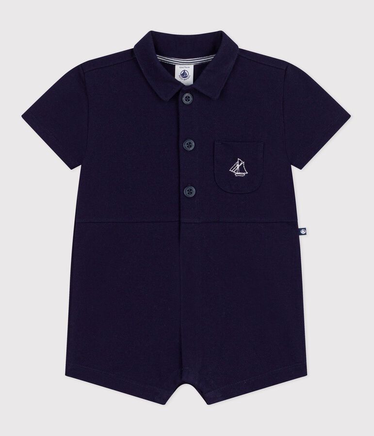 Babies' short plain cotton jumpsuit with a polo collar blue