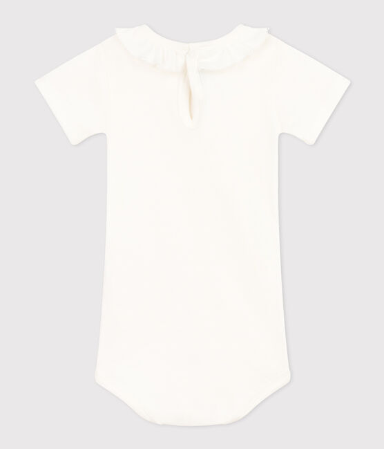 Babies' Short-Sleeved Cotton Bodysuit With Ruffle Collar MARSHMALLOW white