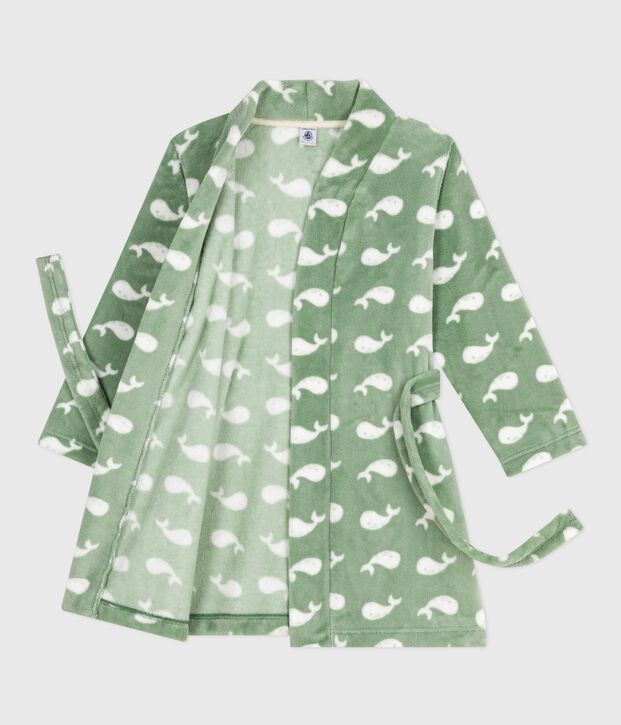 Children's printed fleece dressing gown green/white