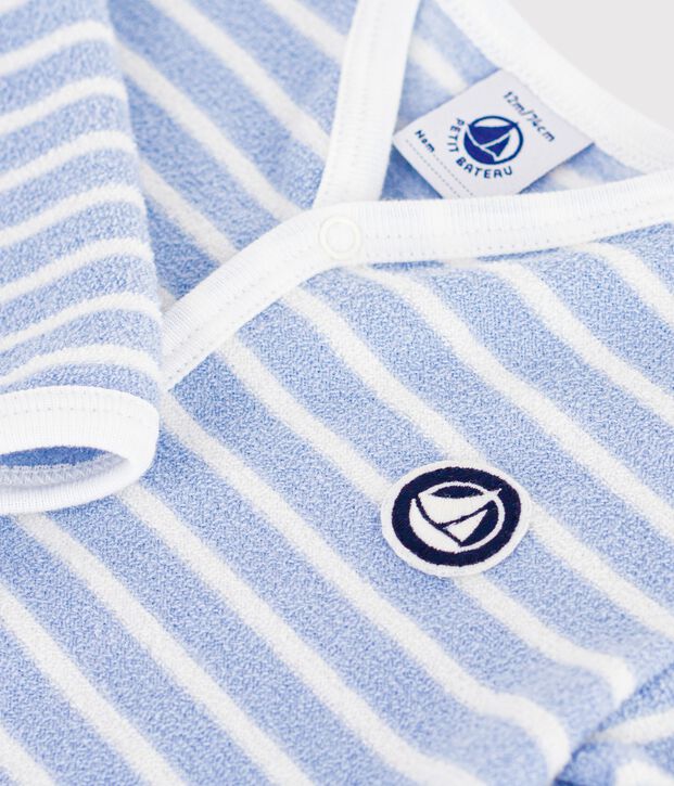 Babies' footless stripy cotton terry pyjama suit blue/ecru