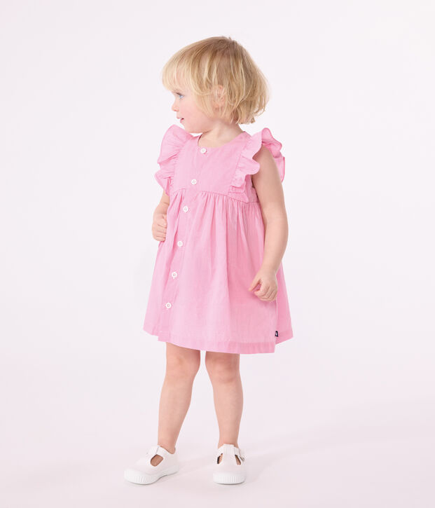 Babies' short-sleeved lightweight cotton gingham print dress and bloomers white/pink