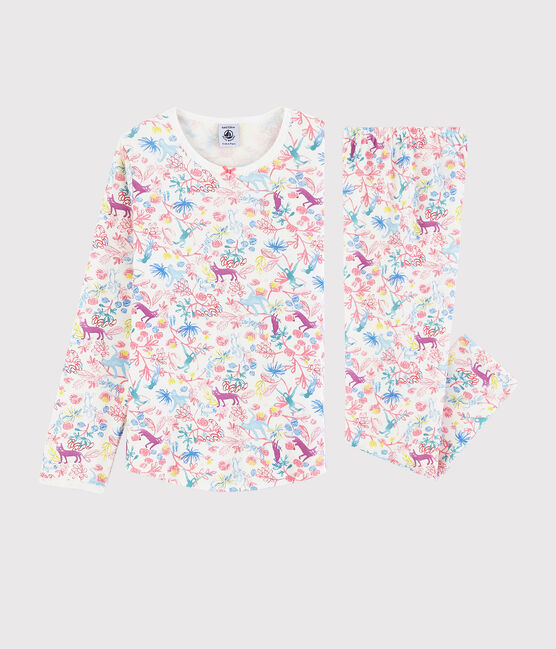 Girls' Jungle Print Cotton Pyjamas MARSHMALLOW white/MULTICO white