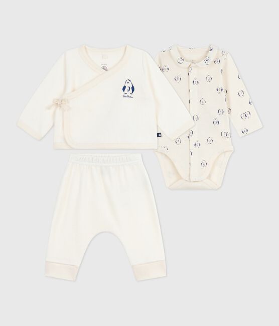Babies' 3-piece set with a penguin print wrap-around top and a body MILK Ecru