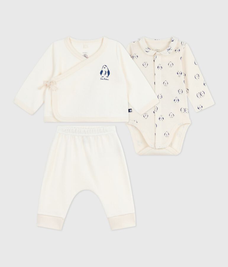 Babies' 3-piece set with a penguin print wrap-around top and a body Ecru