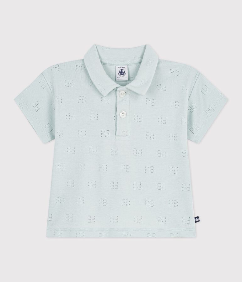 Babies' short-sleeved patterned openwork cotton polo shirt blue