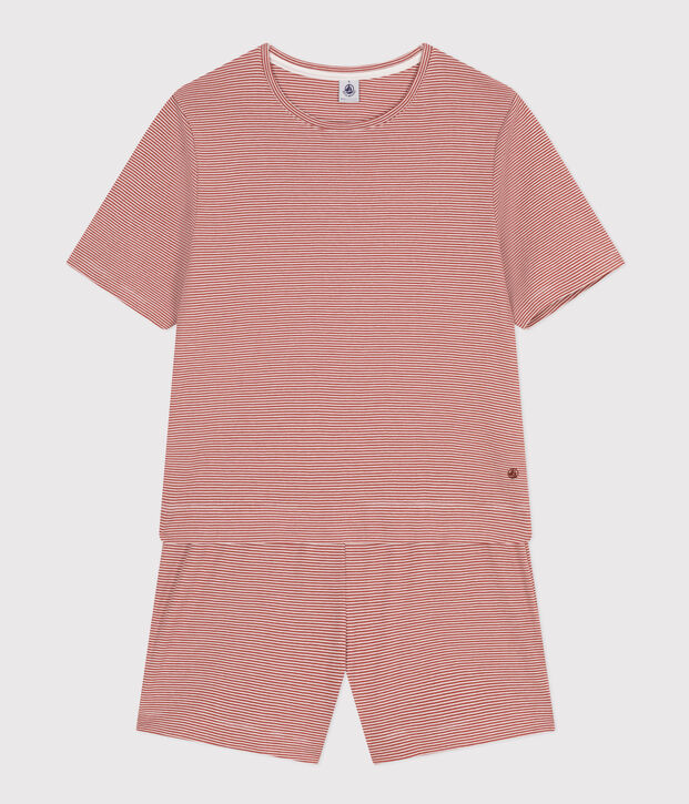 Women's Stripy Cotton Pyjama Shorts and T-shirt brown/white