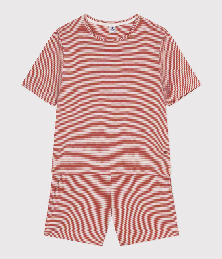 Women's Stripy Cotton Pyjama Shorts and T-shirt brown/white