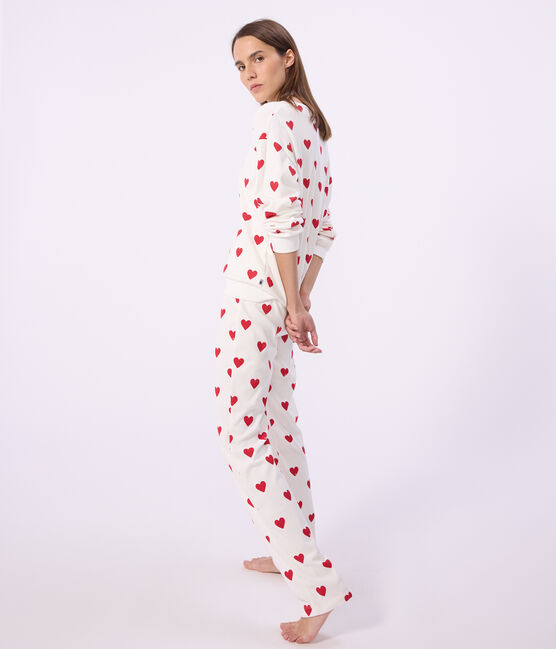 Women's heart print cotton pyjamas MARSHMALLOW white/TERKUIT red