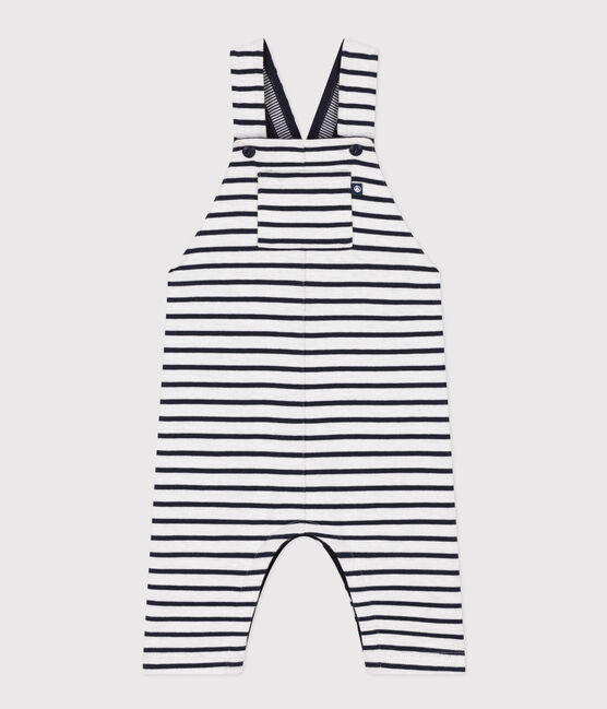 Babies' Thick Stripy Jersey Dungarees MARSHMALLOW white/SMOKING blue