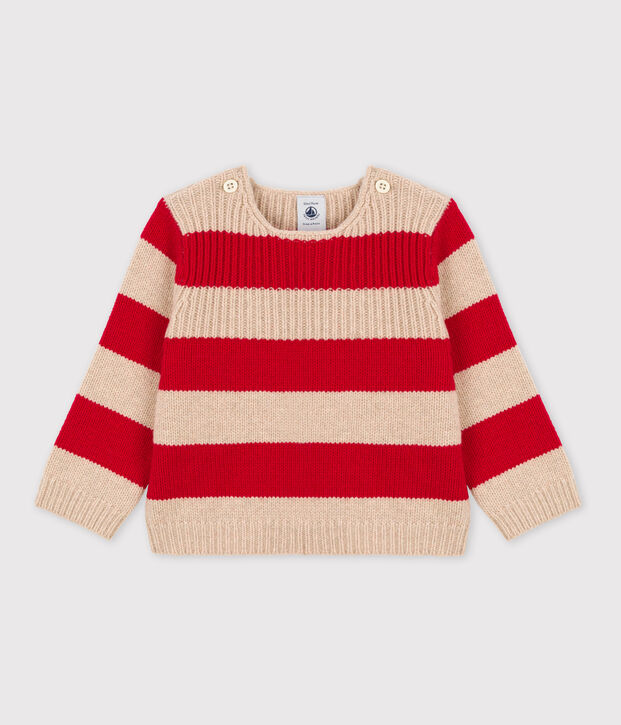 Babies' Stripy Wool/Cotton Knitted Pullover beige/red