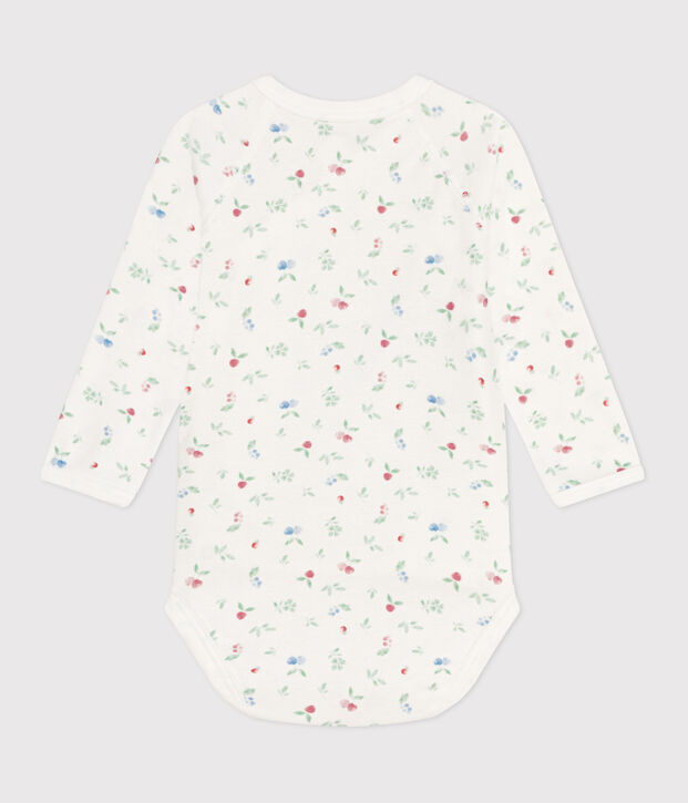 Babies' long-sleeved wrapover cotton bodysuit white/multicolor