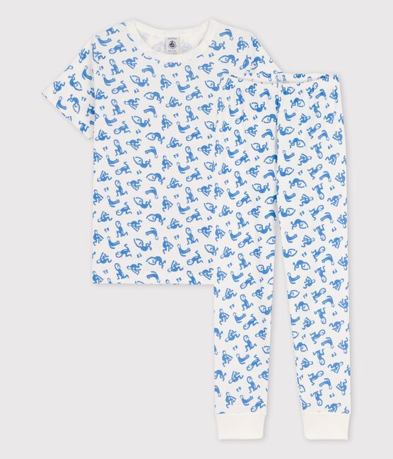 Boys' Monkey Themed Short-Sleeved Cotton Pyjamas MARSHMALLOW white/BRASIER blue