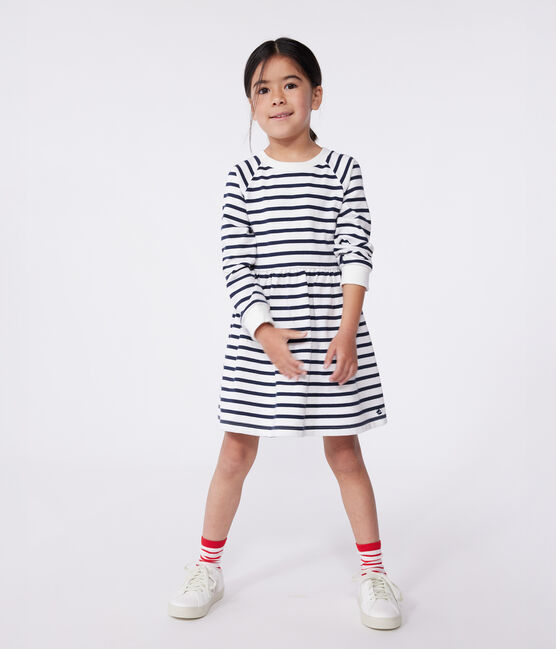 Children's long-sleeved stripy cotton dress MARSHMALLOW white/SMOKING blue