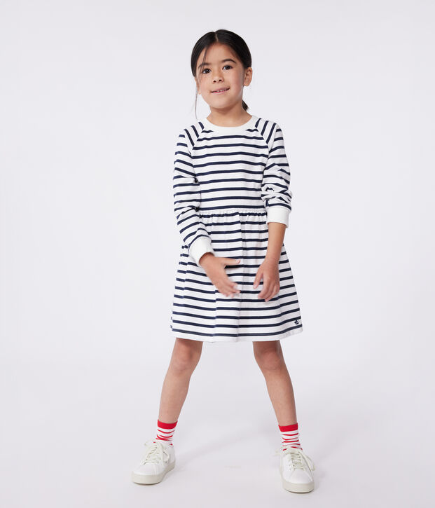 Children's long-sleeved stripy cotton dress white/blue