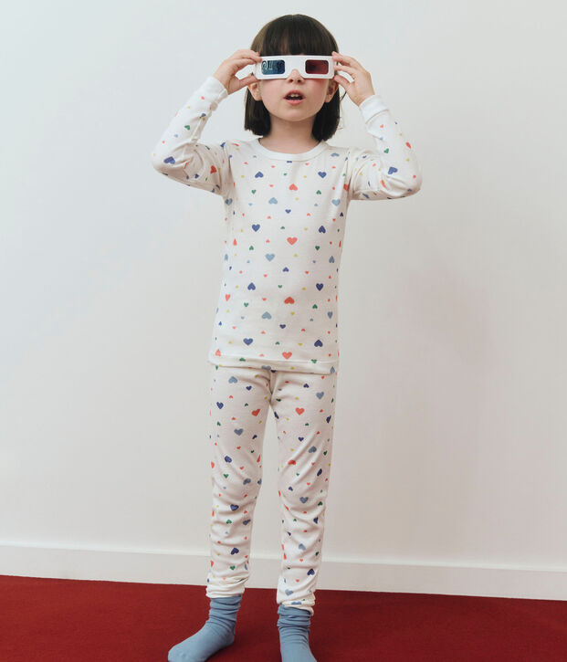 Children's cotton pyjamas with heart print, very fitted white/multicolor