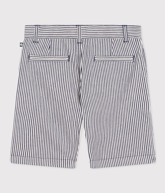 Boys' Stripy Cotton Bermuda Shorts MEDIEVAL blue/MARSHMALLOW white