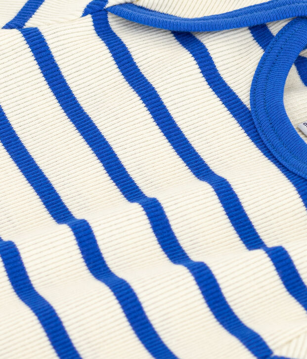 Babies' Stripy Ribbed Short-Sleeved T-Shirt Ecru/blue