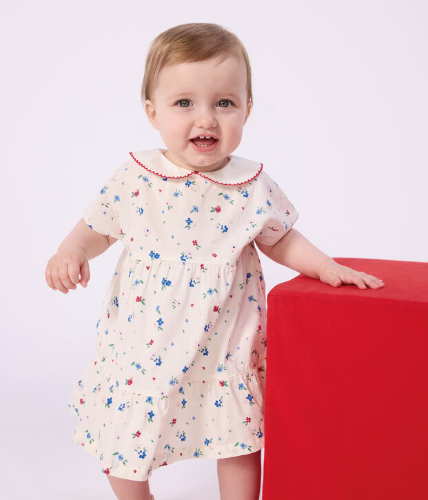 Babies' short-sleeved cotton dress and matching bloomers printed with hearts white/multicolor