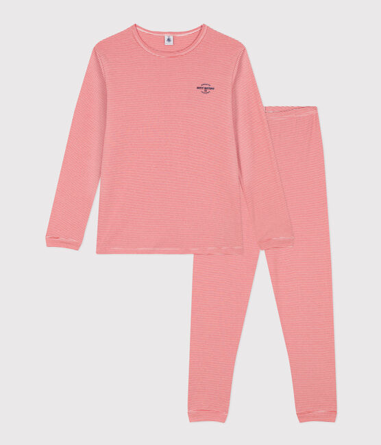 Boys' Striped Cotton Pyjamas OURSIN orange/MARSHMALLOW white