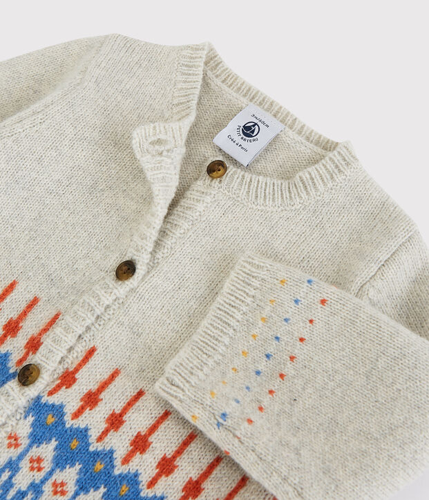 Babies' Patterned Knit Cardigan in Wool Knit. beige