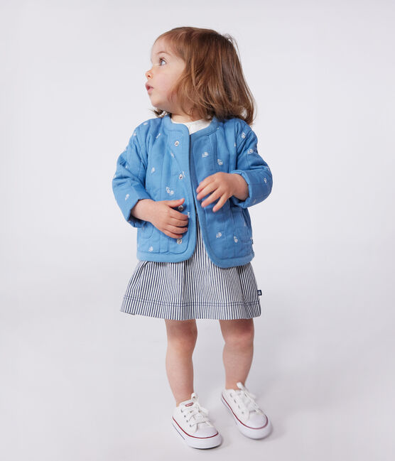 Babies' quilted cotton jacket, printed with little flowers ALASKA blue/MARSHMALLOW white