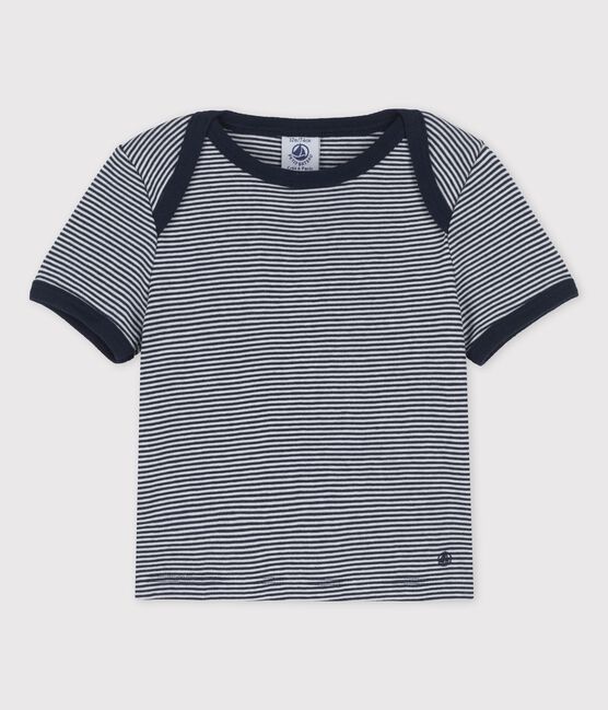 Babies' Organic Cotton Pinstriped Short-Sleeved T-Shirt SMOKING blue/MARSHMALLOW white