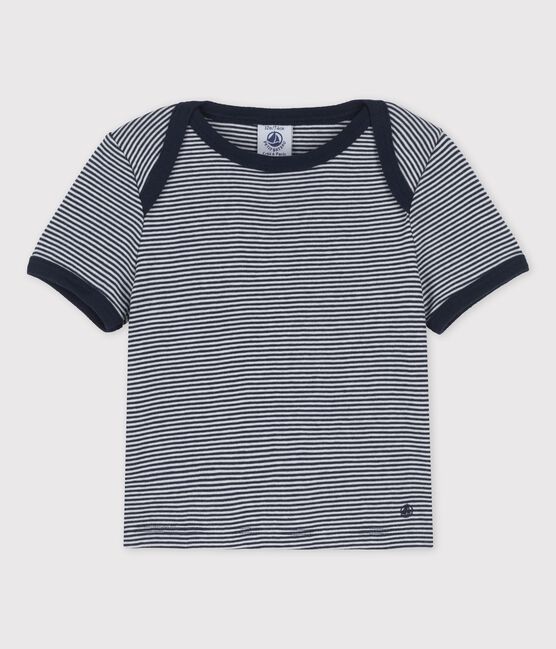 Babies' Organic Cotton Pinstriped Short-Sleeved T-Shirt SMOKING blue/MARSHMALLOW white