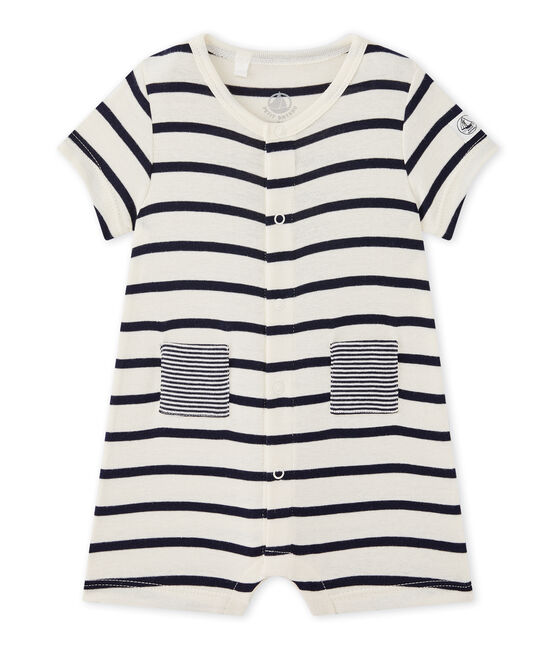 Baby boy striped short all-in-one COQUILLE beige/ABYSSE blue