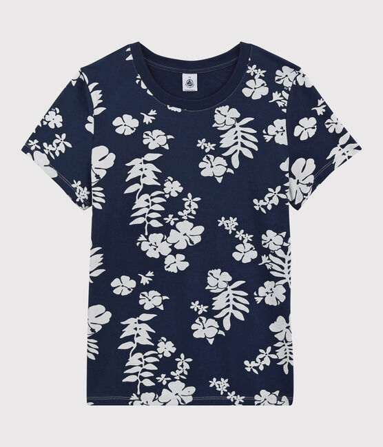 Women's Straight Fit Organic Cotton Round Neck T-Shirt MEDIEVAL blue/MARSHMALLOW white