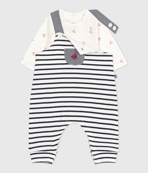 Babies' outfit with Breton striped dungarees and a printed body white/blue