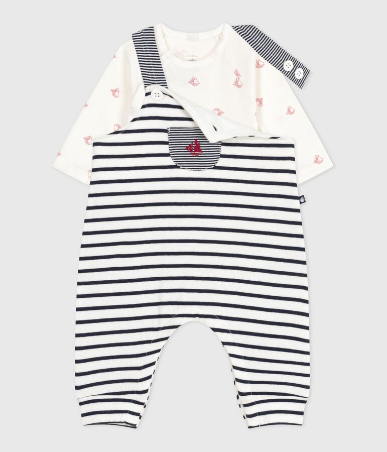 Babies' outfit with Breton striped dungarees and a printed body white/blue