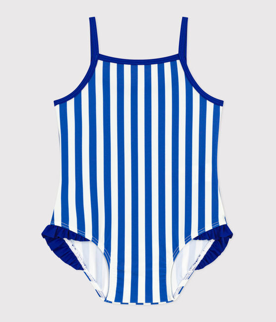 Babies' one-piece swimsuit with frills and a stripy print. SURF blue/MARSHMALLOW white