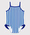 Babies' one-piece swimsuit with frills and a stripy print. SURF blue/MARSHMALLOW white
