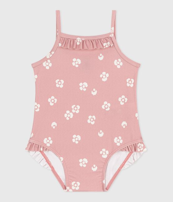 Babies' one-piece swimsuit with frills and a floral print. CHARME pink/MARSHMALLOW white