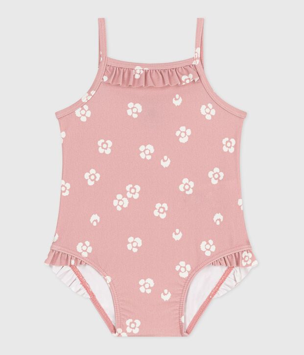 Babies' one-piece swimsuit with frills and a floral print. pink/white