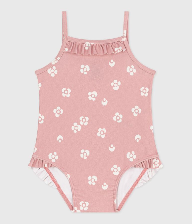 Babies' one-piece swimsuit with frills and a floral print. pink/white