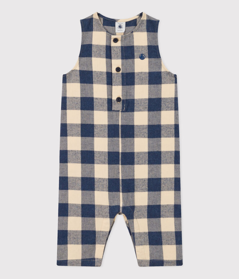 Babies' Sleeveless Flannel Jumpsuit blue/ecru