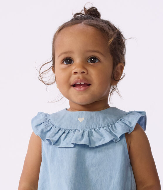 Babies' sleeveless blouse in embroidered cotton chambray BLEU CLAIR blue