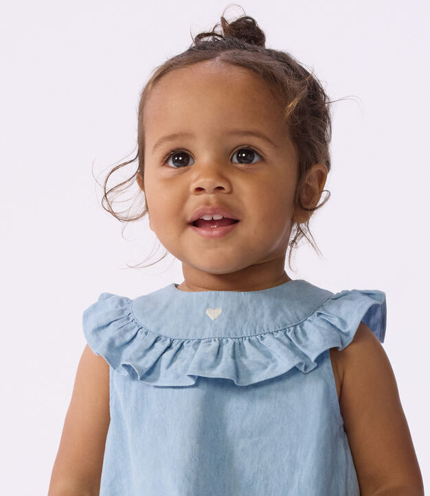 Babies' sleeveless blouse in embroidered cotton chambray blue