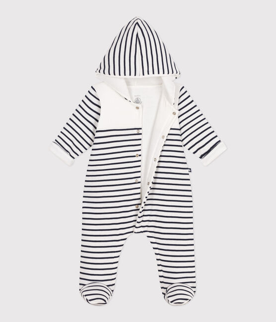 Babies' Breton-stripe padded playsuit with a hood and feet MARSHMALLOW white/SMOKING blue