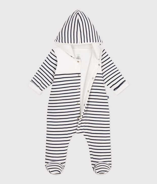 Babies' Breton-stripe padded playsuit with a hood and feet white/blue