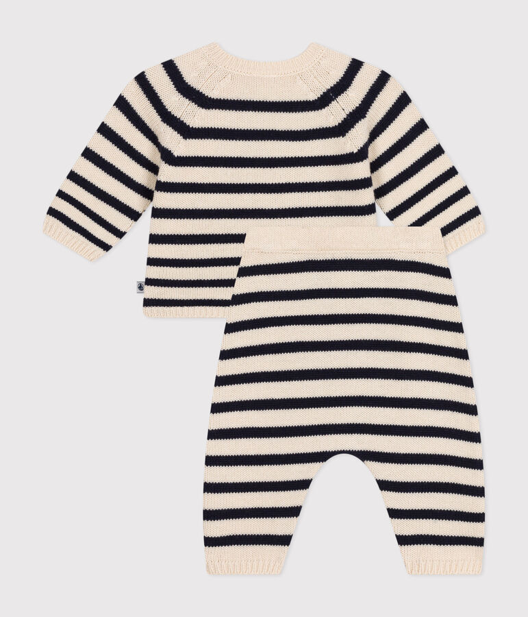Babies' Wool/Cotton Knit Sailor Striped Clothing - 2-Piece Set Ecru/blue