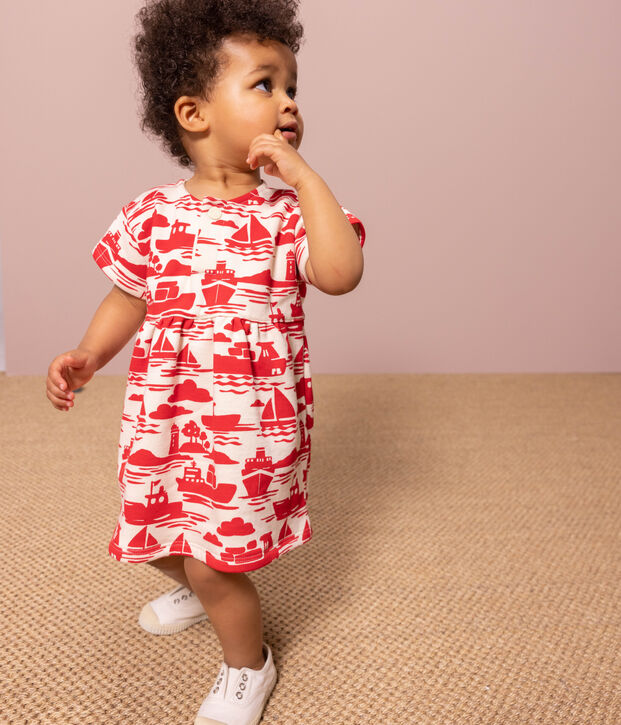 Babies' Short-Sleeved Patterned Fleece Dress Ecru/red