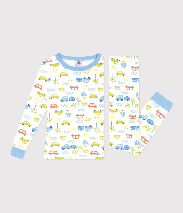 Children's very snug-fitting car print cotton pyjamas white/multicolor