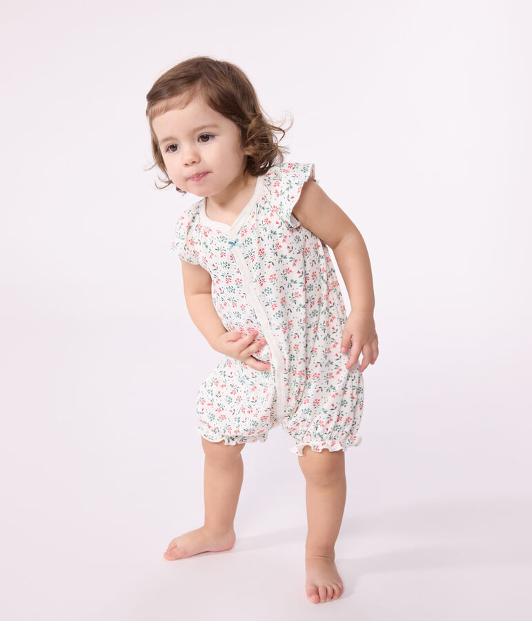 Babies' short floral cotton jumpsuit white/multicolor