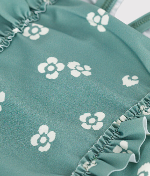 Babies' one-piece swimsuit with frills and a floral print. green/white