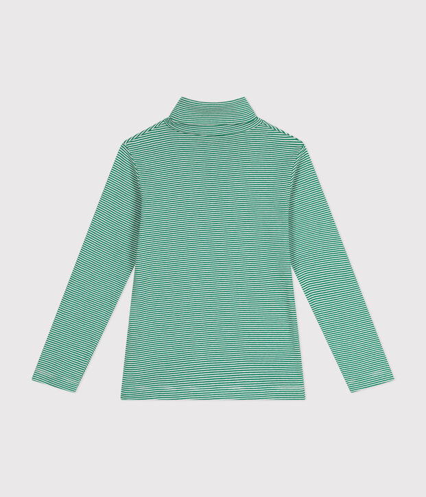 Children's cotton roll neck for girls or boys green/white