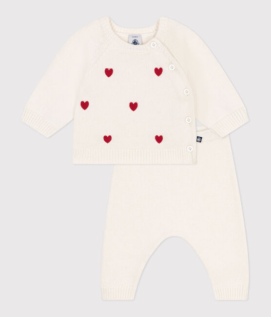 Babies' two-piece knitted outfit with embroidered hearts MARSHMALLOW red/POMPEI