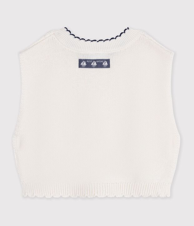 Babies' sleeveless wool and cotton knit jumper. white
