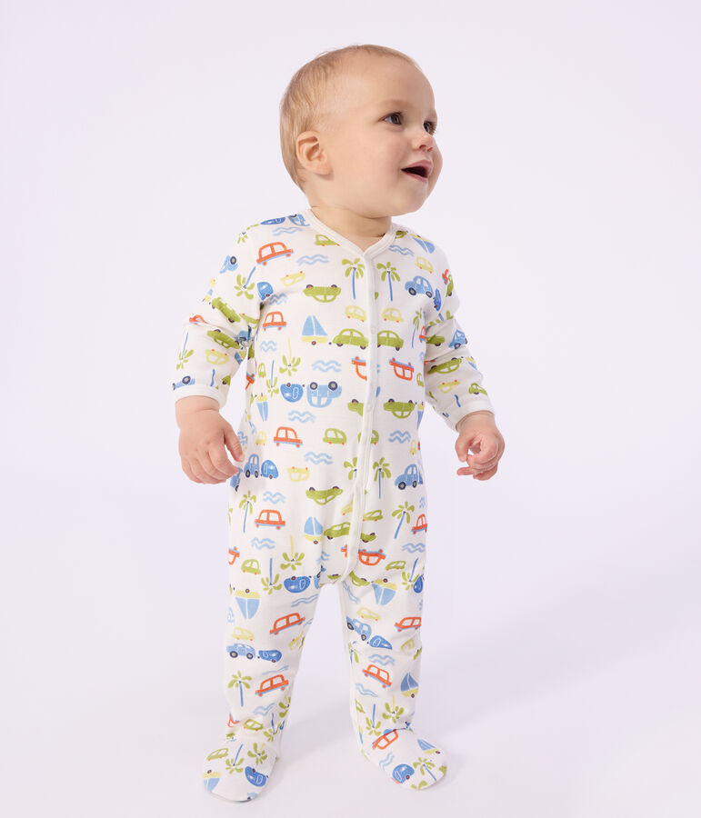 Babies' cotton pyjama suit with a motor car print MARSHMALLOW white/MULTICO white